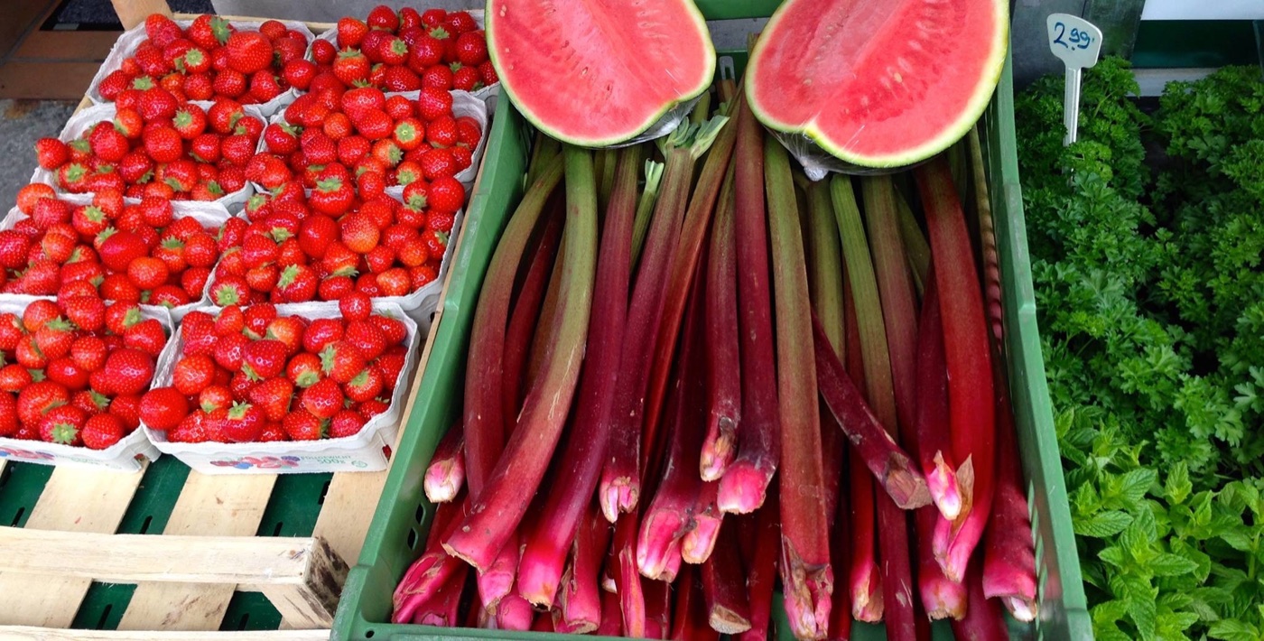 Strawberries, rhubarb and watermelon at the market